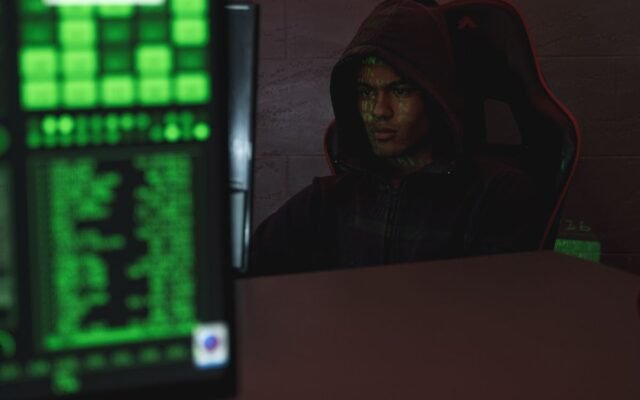 Hooded programmer intensely focused on computer screen