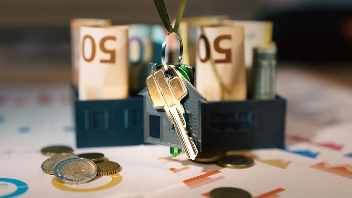 Keys hanging with money and charts
