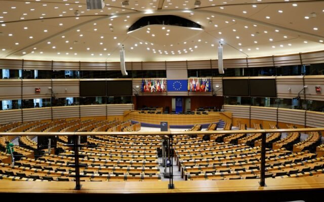 Empty European Parliament auditorium in Brussels